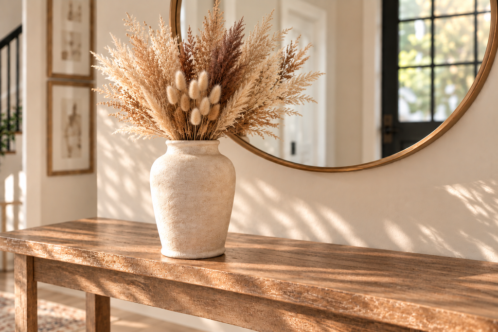 Neutral fall florals arranged in a textured vase for cozy entryway decor