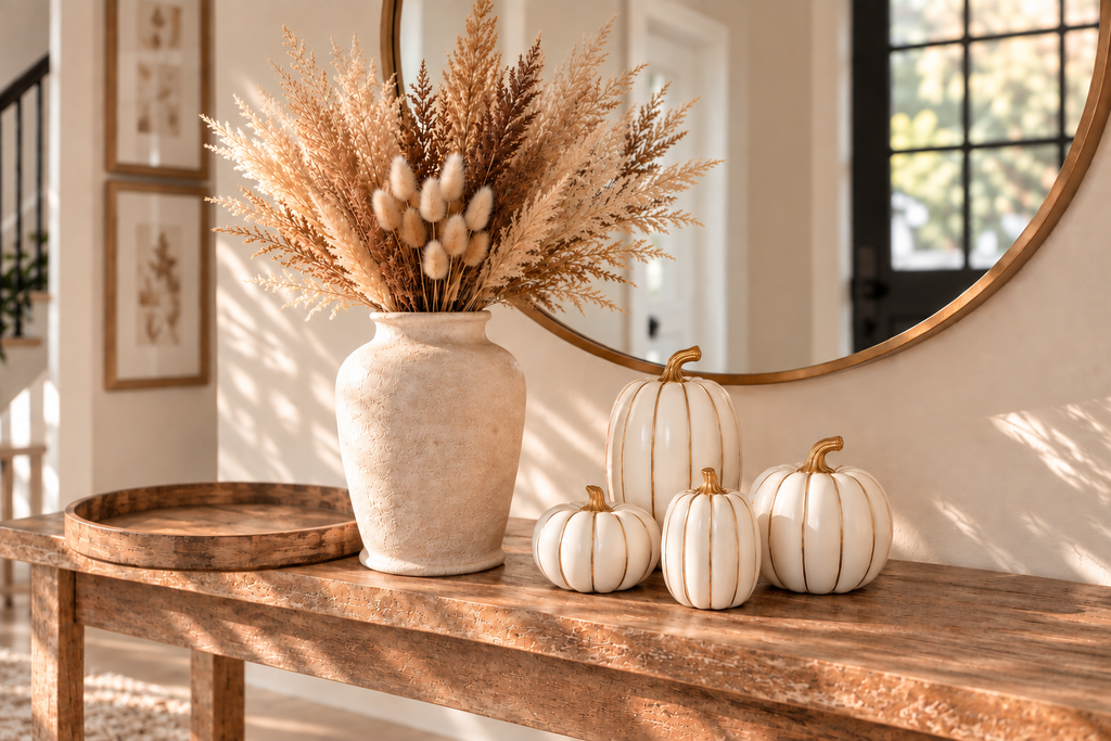Round rustic wooden tray styled on a warm neutral fall entryway table