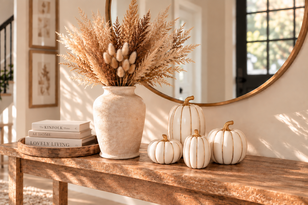 Neutral decorative books layered in a wooden tray on a cozy fall entryway table
