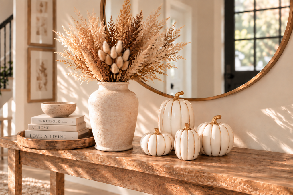 Travertine decorative bowl layered over neutral books on a cozy fall entryway table