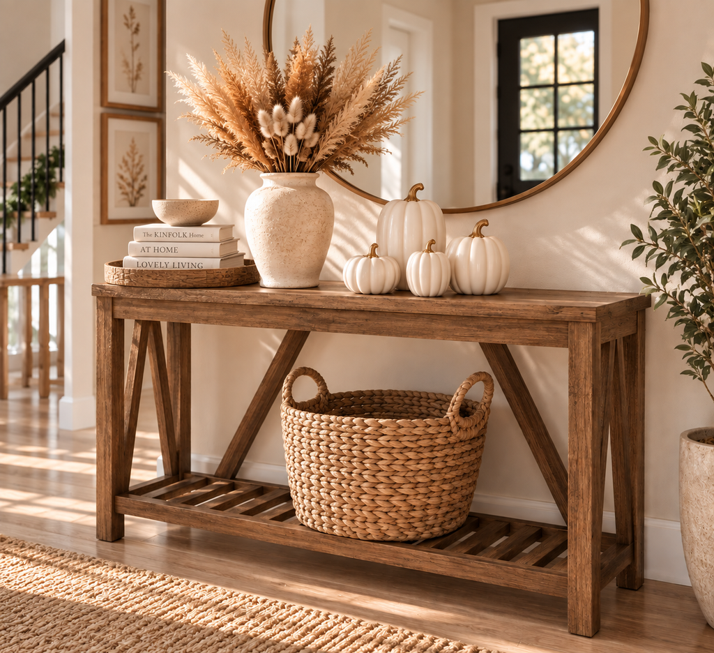 Natural woven basket styled beneath a warm neutral fall entryway console table