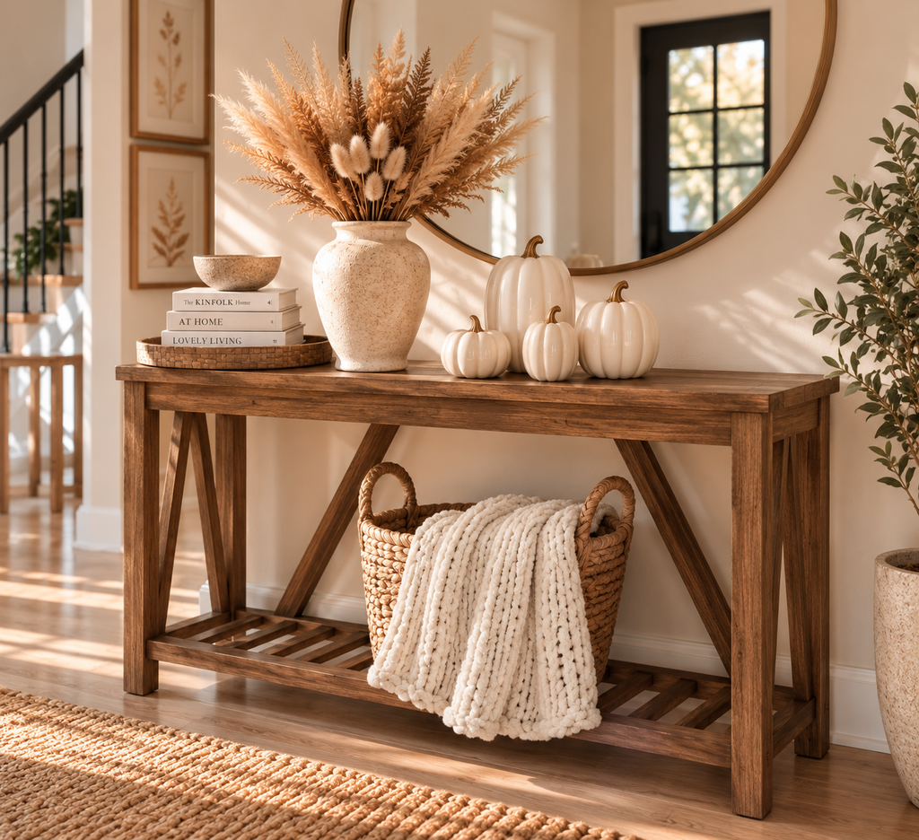 Ivory chunky knit throw blanket draped from a woven basket in a cozy fall entryway