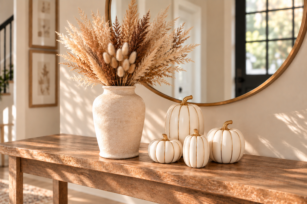 Neutral white pumpkins with gold stems styled on a cozy fall entryway table