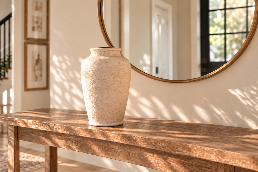 textured neutral vase styled on a warm fall entryway table