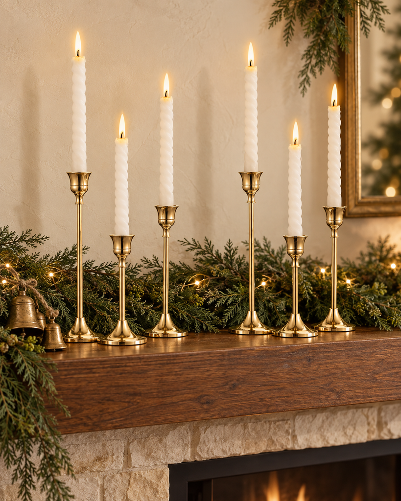 Set of six vintage brass candle holders styled with ivory taper candles for Christmas.