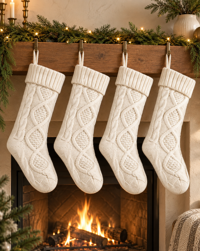 Four cream knit Christmas stockings hanging from a warmly decorated holiday mantel.