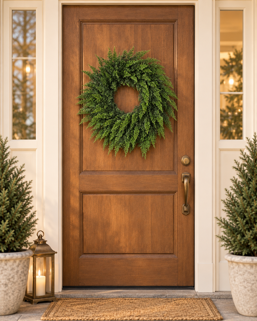 Realistic green cedar Christmas wreath displayed on a warm neutral front door.