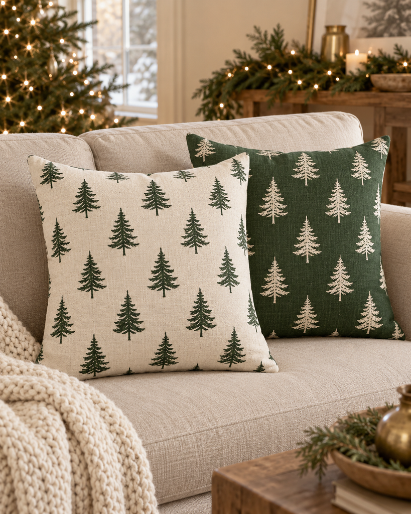 Cream and forest-green Christmas tree pillow covers styled on a neutral sofa.