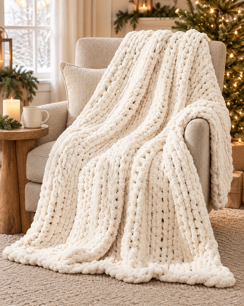Ivory chenille crochet throw blanket draped over a neutral sofa in a cozy living room.