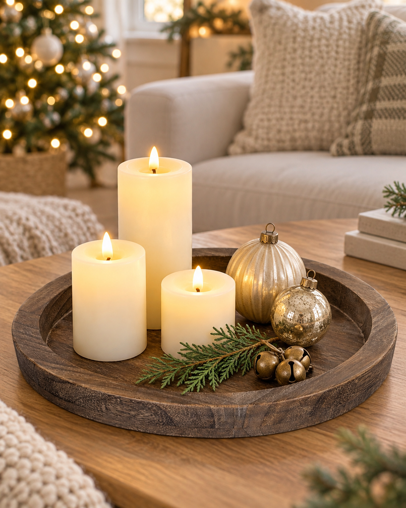 Dark distressed round wooden tray styled as a simple Christmas table centerpiece.