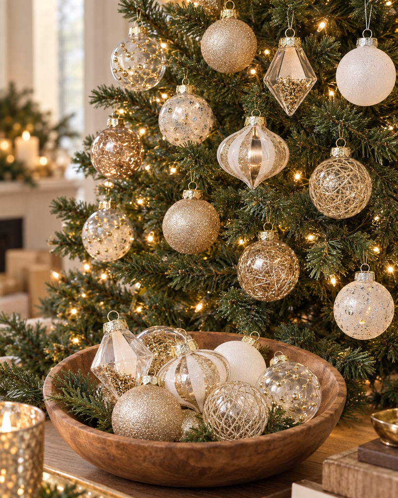 Champagne, white and clear shatterproof Christmas ornaments arranged beside a decorated tree.