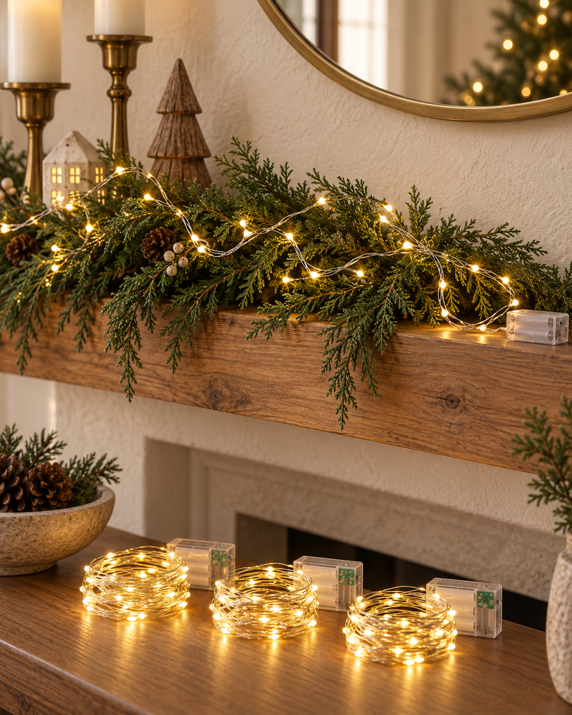 Warm-white battery-operated fairy lights with silver wire styled across a cedar mantel garland.