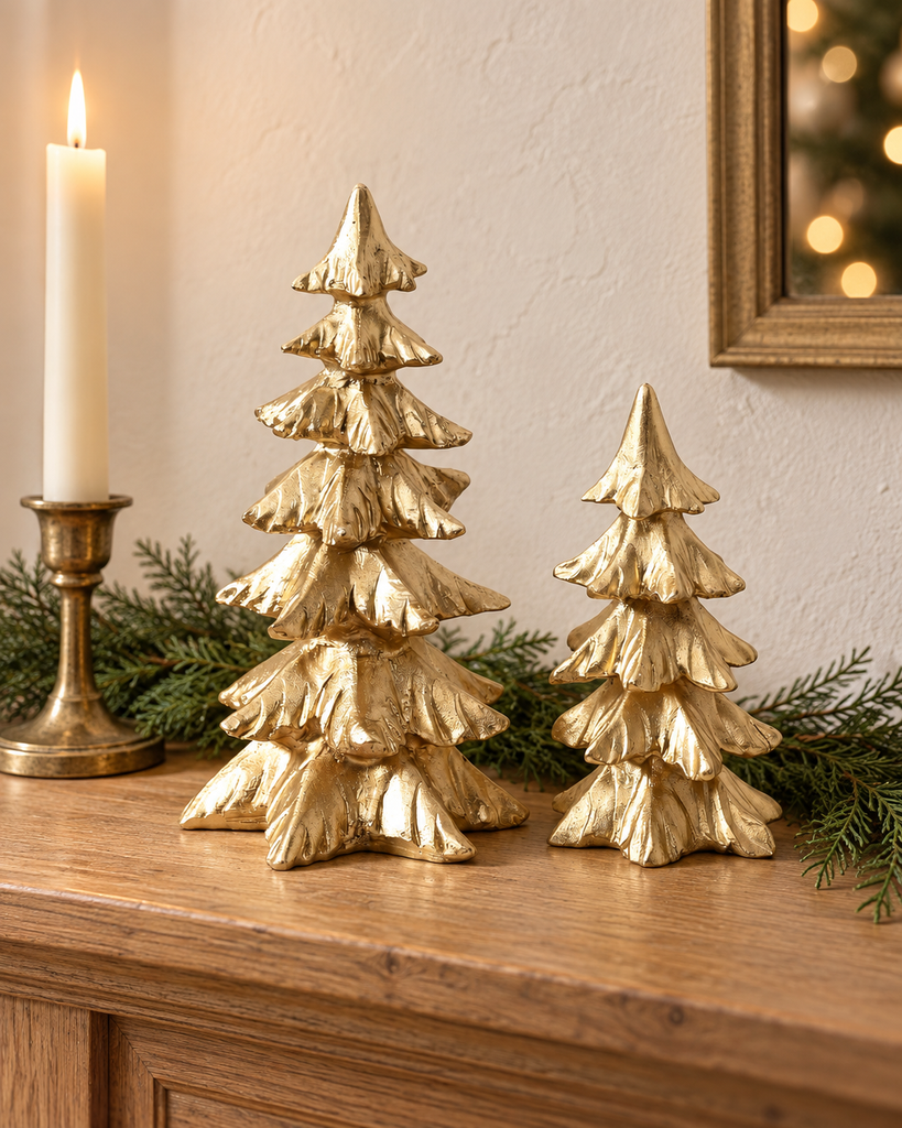 Set of two antique-gold Christmas tree figurines styled on a natural wood console.