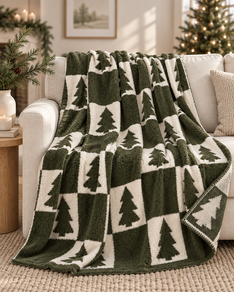 Olive-green and cream reversible Christmas tree throw blanket draped over a neutral sofa.