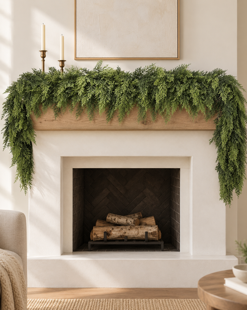 Real-touch cedar Christmas garland draped across a warm wood fireplace mantel.
