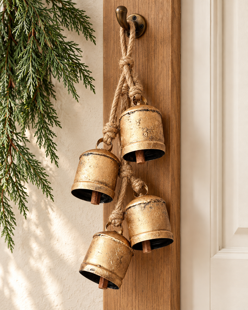 Cluster of four rustic antique-brass Christmas bells hanging from natural jute rope.