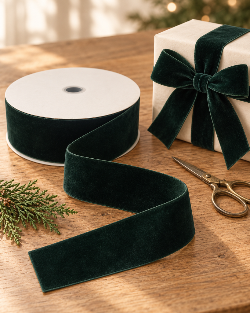 Two-inch dark-green velvet ribbon spool styled with a cream Christmas gift and matching bow.