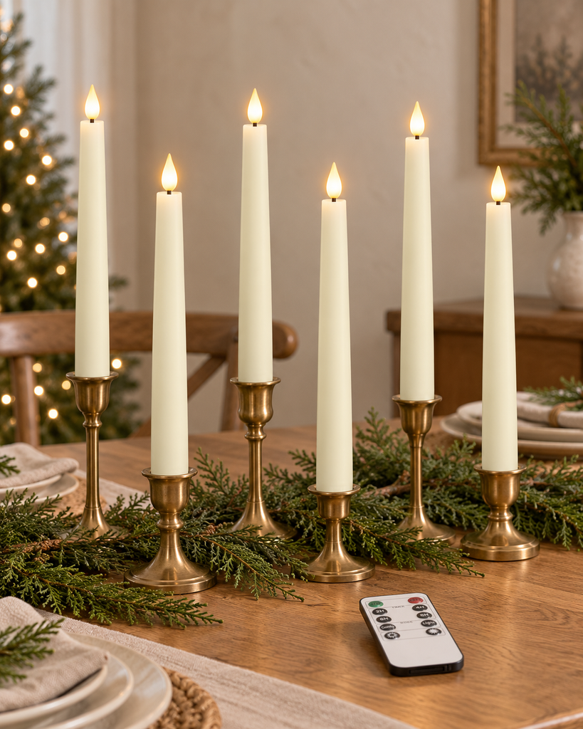 Six ivory flameless taper candles glowing in antique-brass holders on a Christmas table.