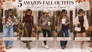 Five Amazon fall outfits for women featuring casual weekend, date night, coffee run, workday and fall brunch outfit ideas from The Thoughtful Finds.