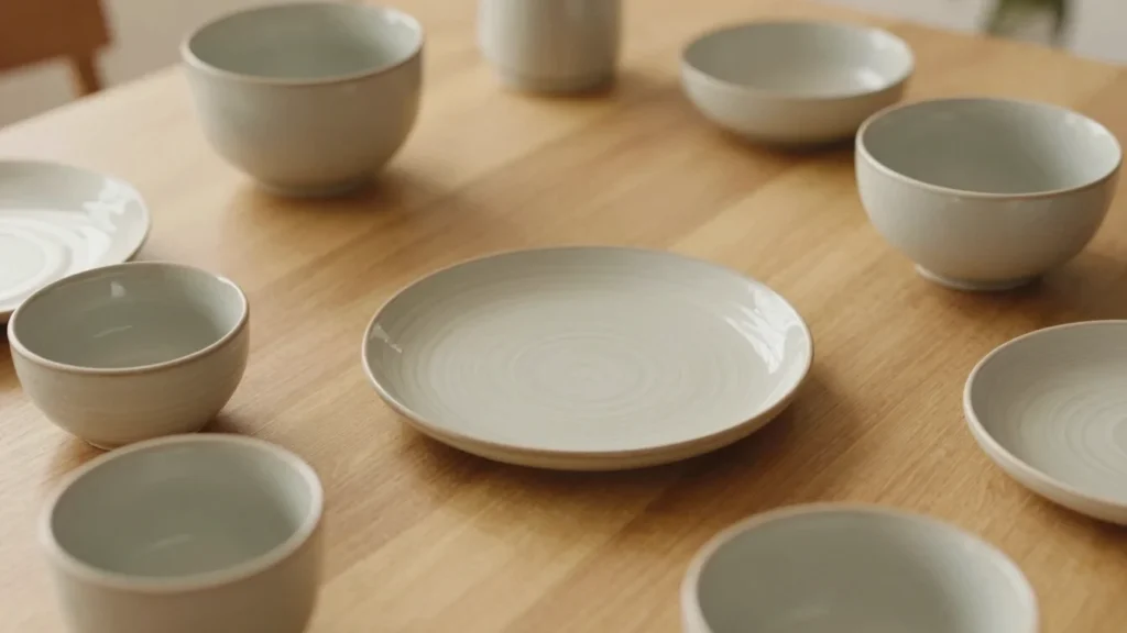 Neutral ceramic plates on a wooden table for seasonal decor