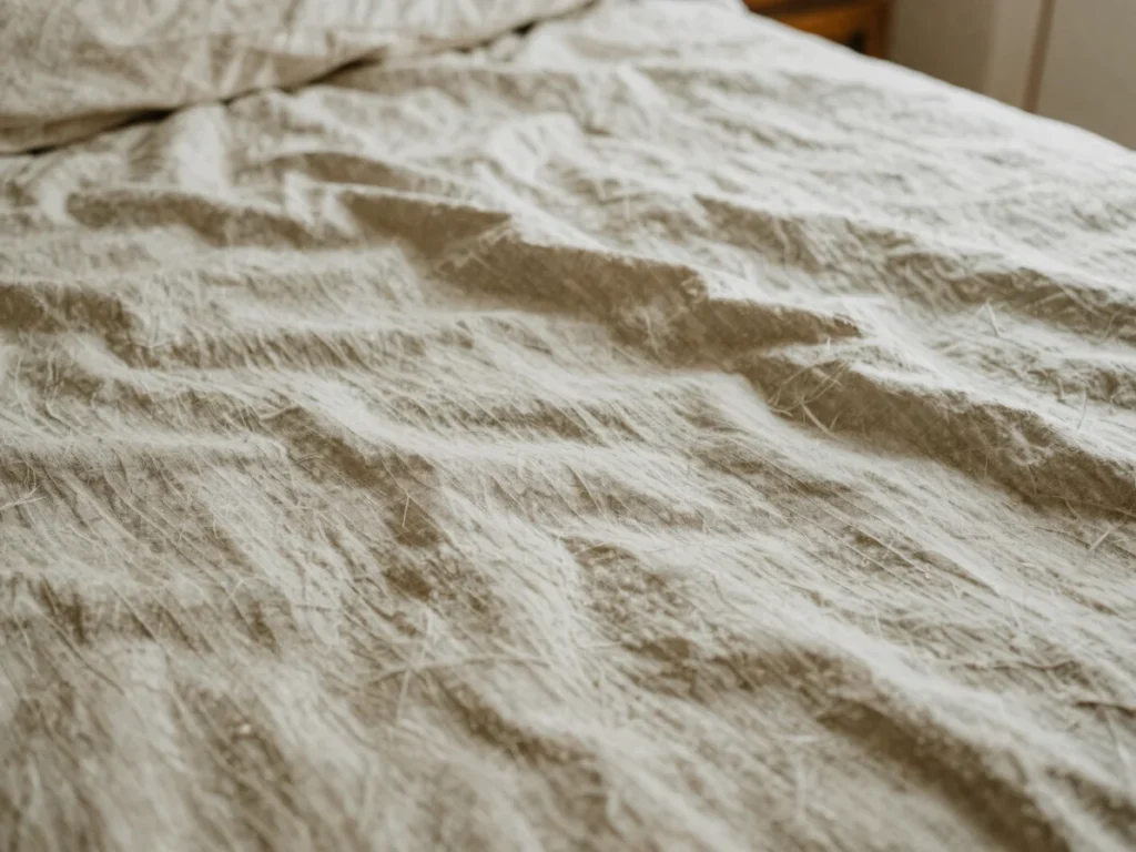 Rumpled linen bedding in warm neutral tones