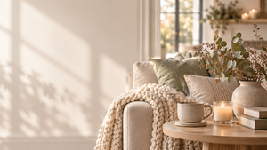 Cozy fall living room with an ivory knit throw, coffee mug and candle, for October Prime Day home and gift deals.