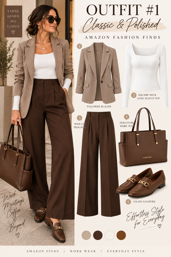 Polished Amazon work outfit for women with a taupe blazer, white long-sleeve top, chocolate trousers, cognac loafers and brown work tote
