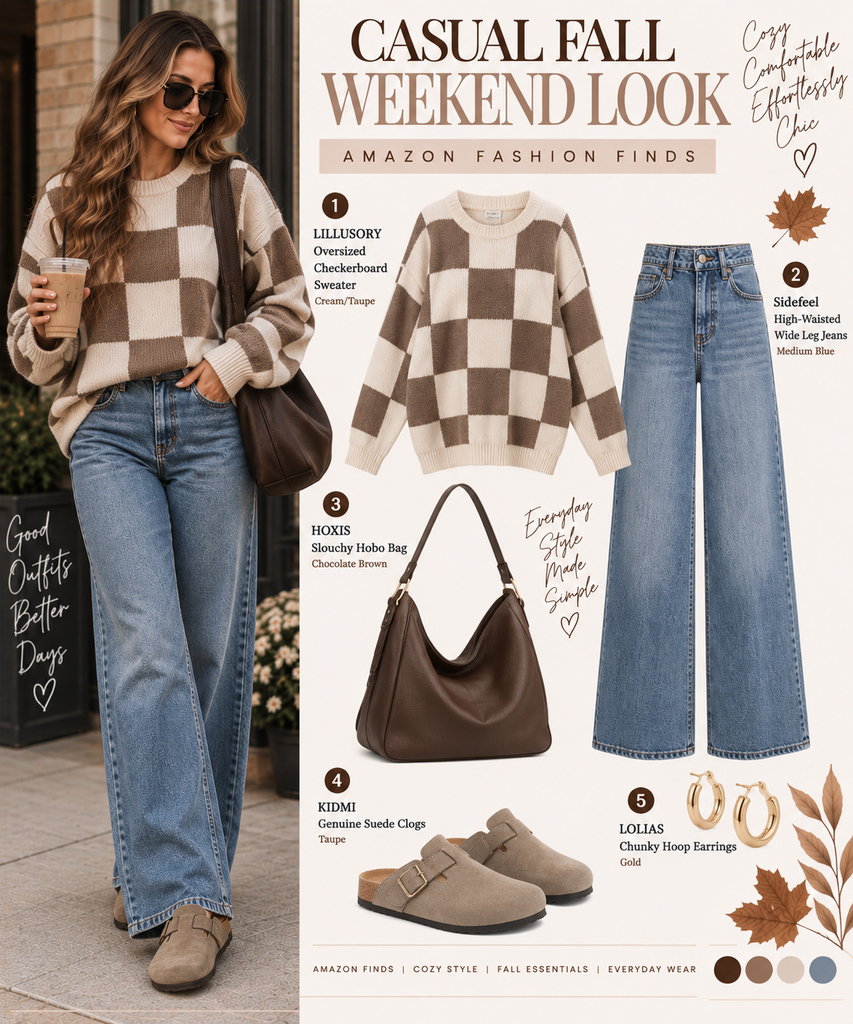 Amazon fall outfits inspiration featuring a casual weekend look with a checkerboard sweater, wide-leg jeans, suede clogs and brown hobo bag.