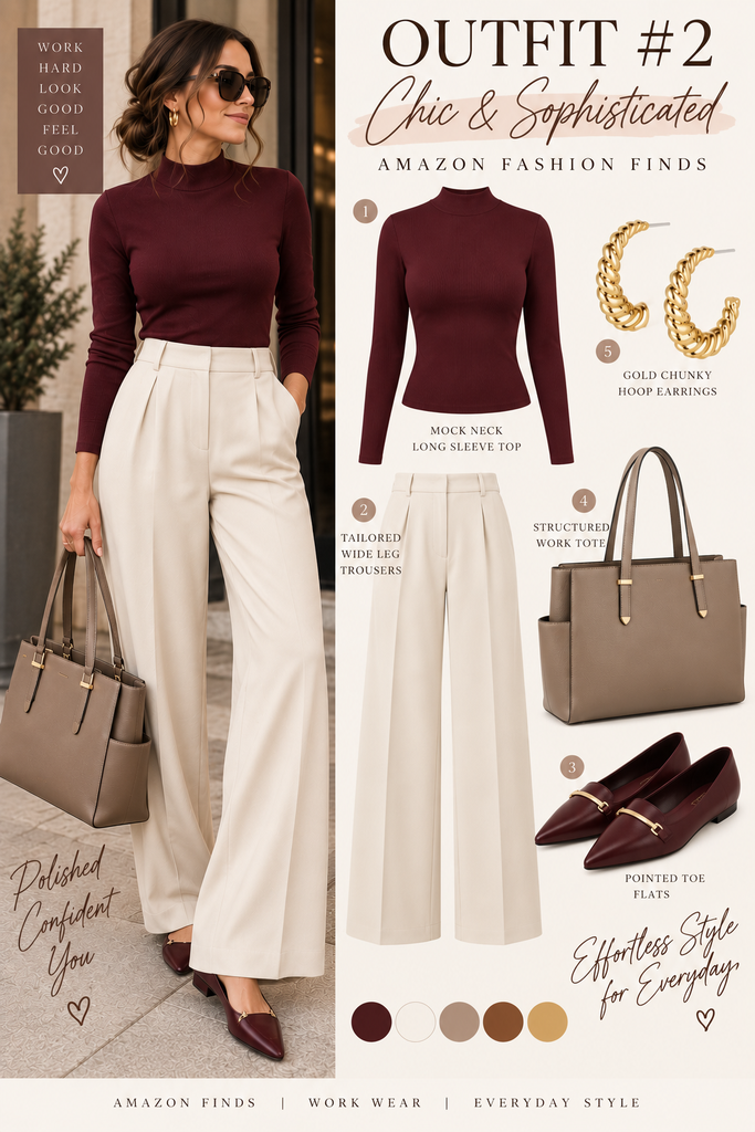 Amazon office outfit for women with a burgundy mock-neck top, ivory wide-leg trousers, burgundy flats and taupe work bag