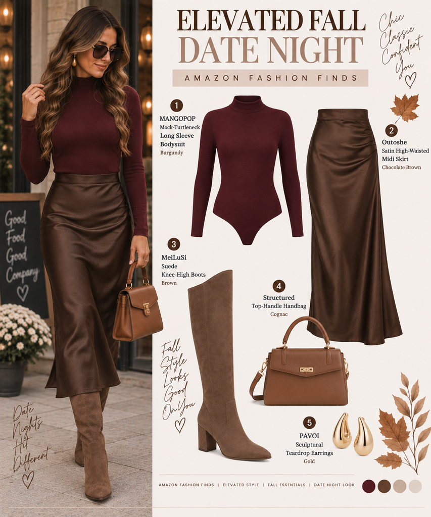 Fall date night outfit with a burgundy bodysuit, chocolate satin midi skirt, brown suede knee-high boots, cognac handbag and gold earrings.
