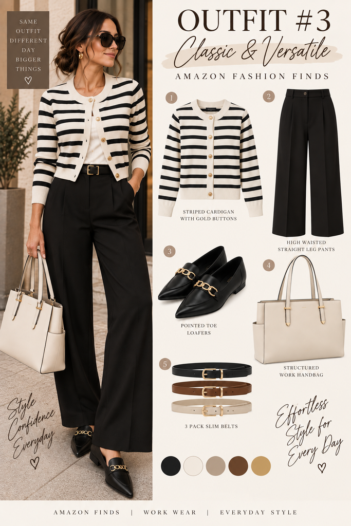 Classic business casual outfit with a striped cardigan, black work pants, pointed loafers and ivory structured handbag