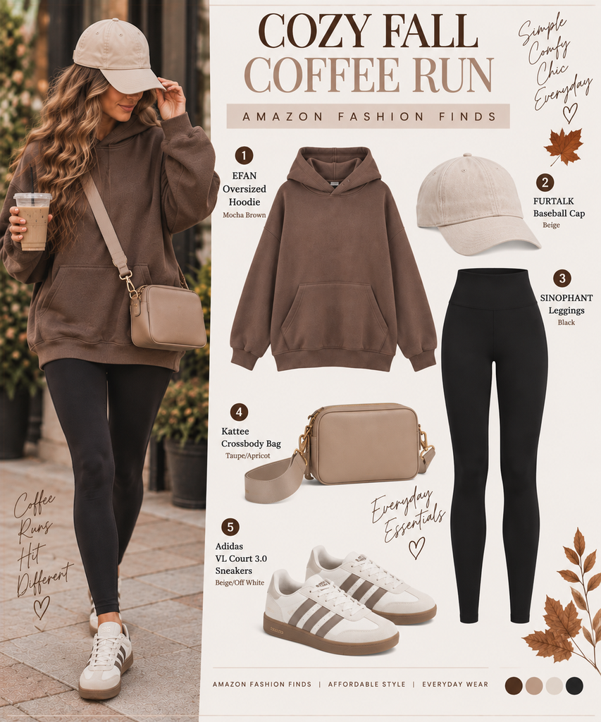 Amazon fall outfits for women featuring a cozy coffee run look with a mocha hoodie, black leggings, beige sneakers and taupe crossbody bag.
