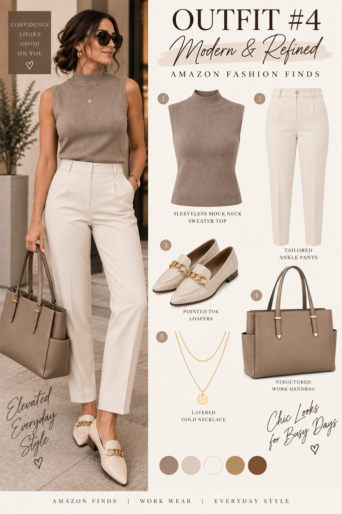 Neutral Amazon workwear outfit with a taupe sleeveless sweater, ivory ankle pants, cream loafers and taupe handbag