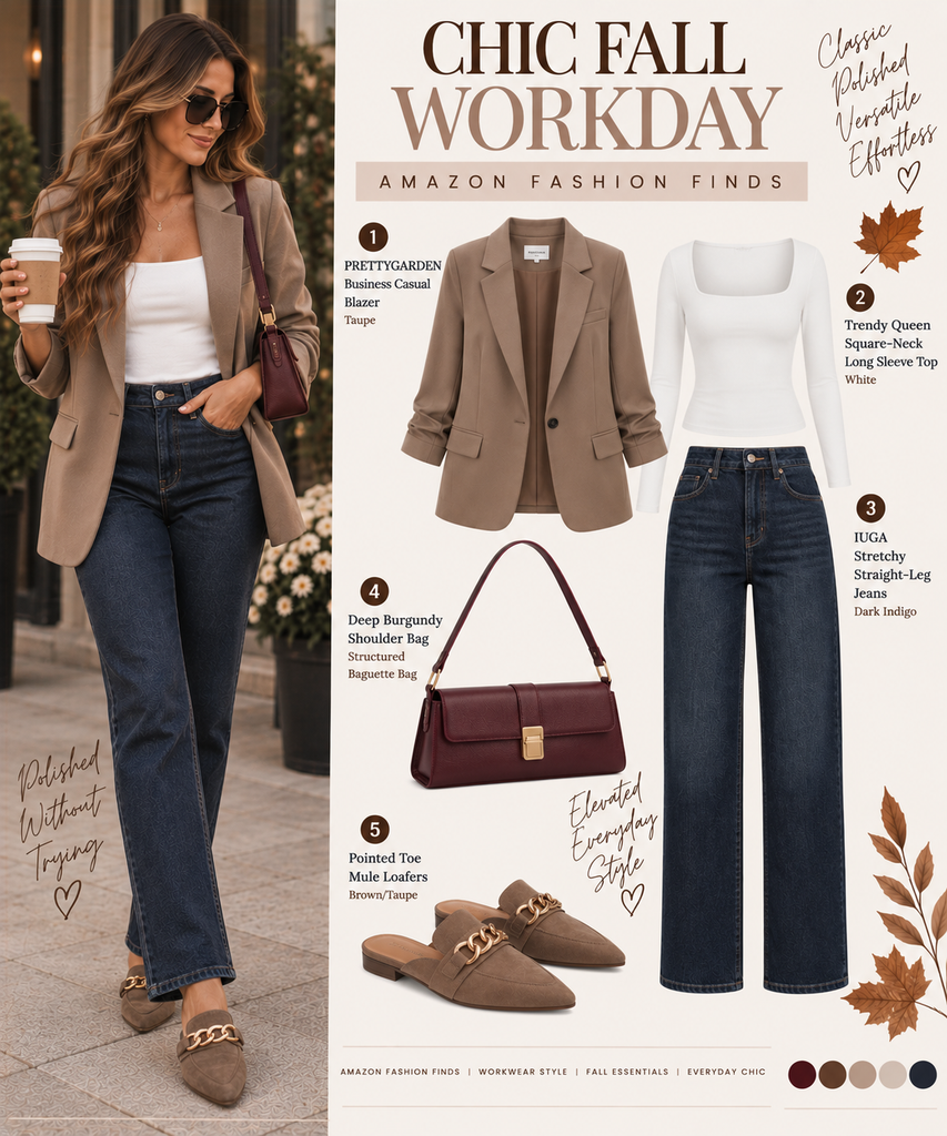 Chic fall work outfit with a taupe blazer, white square-neck top, dark-wash jeans, brown pointed mules and burgundy shoulder bag.
