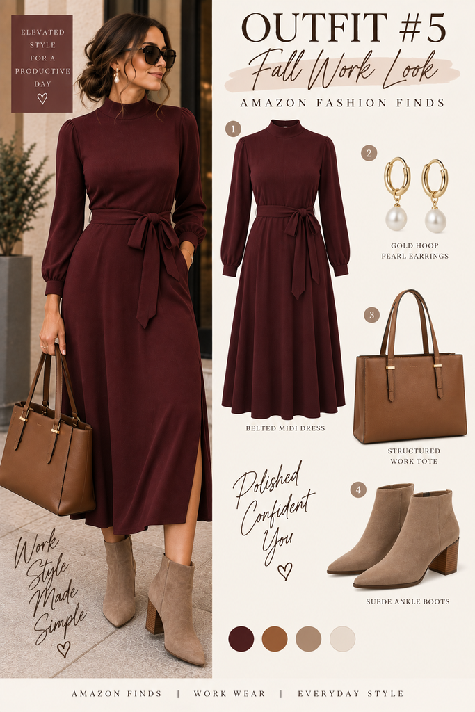 Fall work outfit for women with a burgundy midi dress, taupe ankle boots, cognac work tote and pearl drop earrings