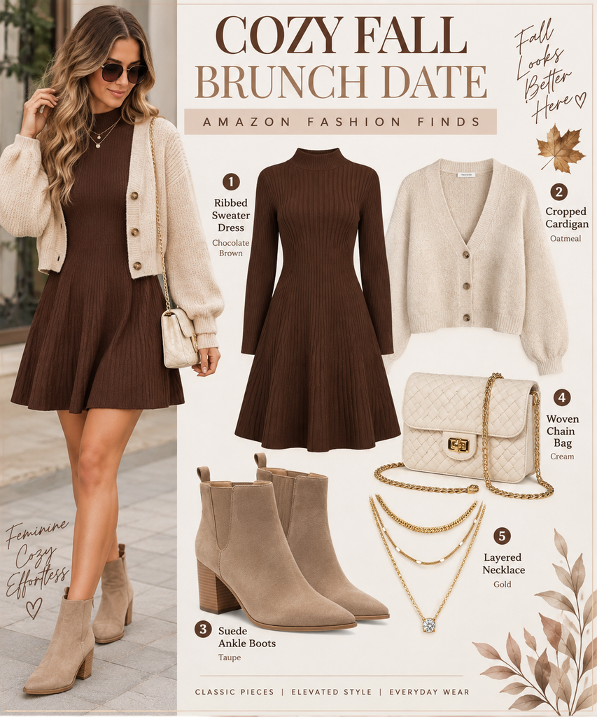 Amazon fall outfit idea featuring a chocolate sweater dress, oatmeal cardigan, taupe ankle boots and ivory woven bag.