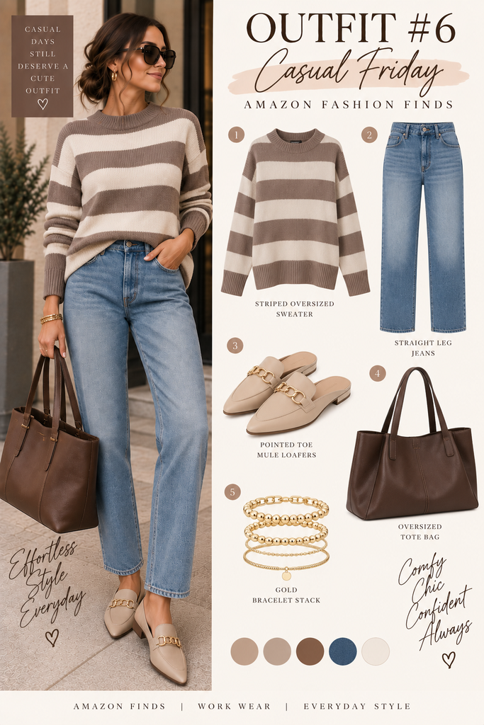 Casual Friday work outfit with a taupe striped sweater, straight-leg jeans, beige mule loafers and chocolate brown tote