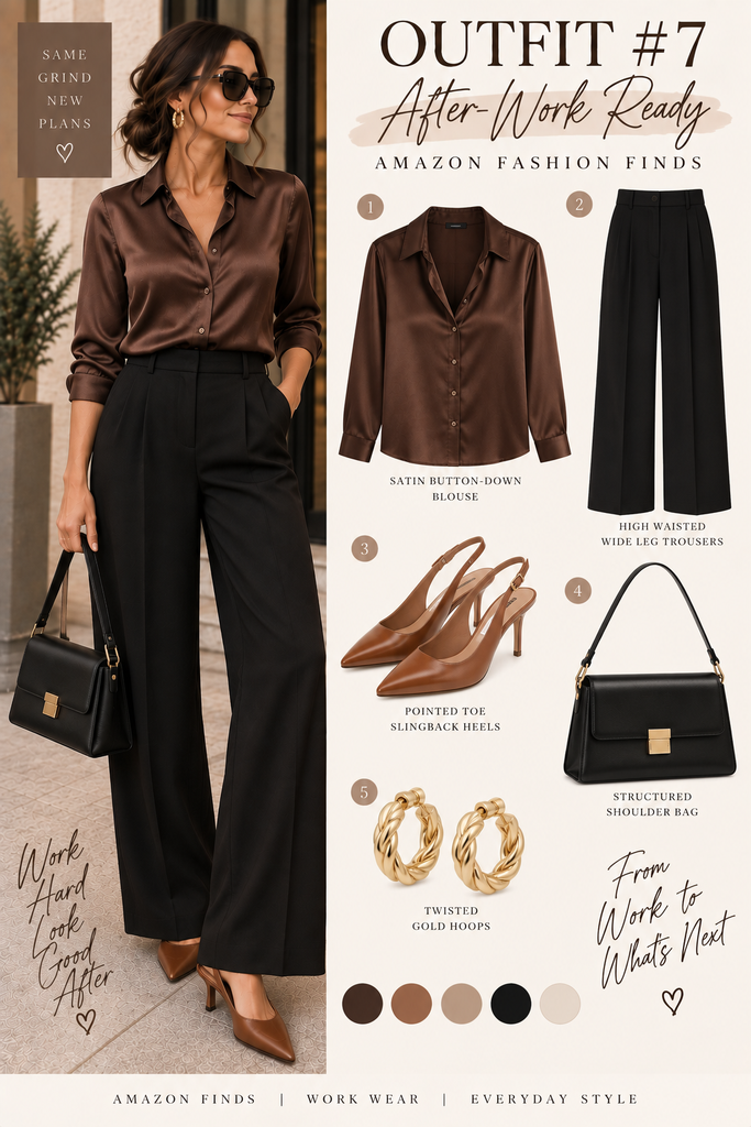 Office-to-dinner outfit with a chocolate satin blouse, black wide-leg trousers, cognac slingback heels and black shoulder bag
