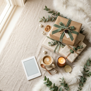 Neutral flat lay of wrapped Christmas gifts with sage ribbon, a faux fur throw, an e-reader, a candle and a coffee mug, for Prime Day gift deals.
