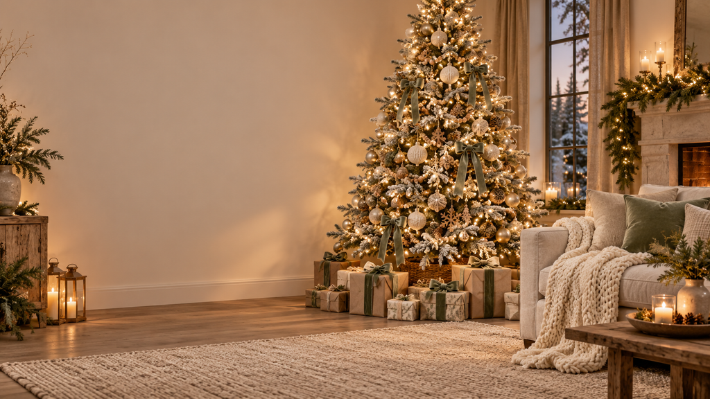 Cozy neutral living room with a glowing flocked Christmas tree decorated in cream and gold ornaments, with wrapped gifts underneath, for the best Christmas trees on Amazon.