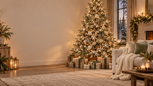 Cozy neutral living room with a glowing flocked Christmas tree decorated in cream and gold ornaments, with wrapped gifts underneath, for the best Christmas trees on Amazon.