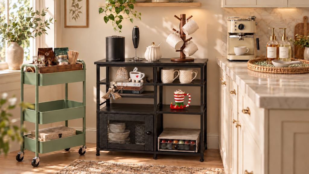 Cozy small kitchen coffee bar with a black cabinet, sage rolling cart, cream mugs, gold syrup dispensers, and an elf boot mug on the middle-right shelf.