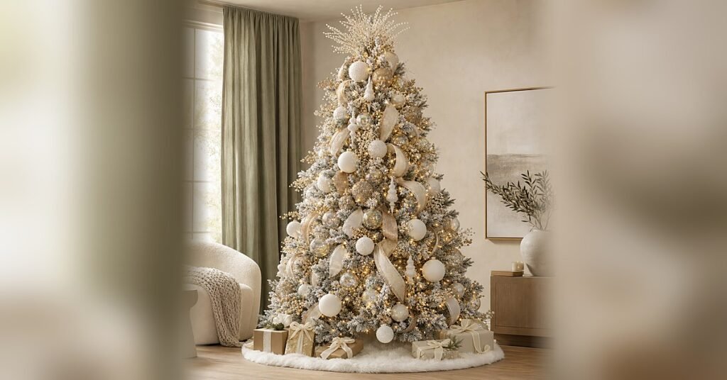 White and gold flocked Christmas tree with matte white, snowball and iridescent ornaments, champagne gold ribbon, gold berry stems and a white faux fur tree skirt in a neutral living room