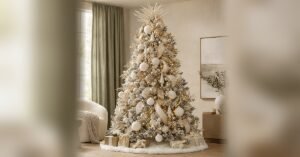 White and gold flocked Christmas tree with matte white, snowball and iridescent ornaments, champagne gold ribbon, gold berry stems and a white faux fur tree skirt in a neutral living room