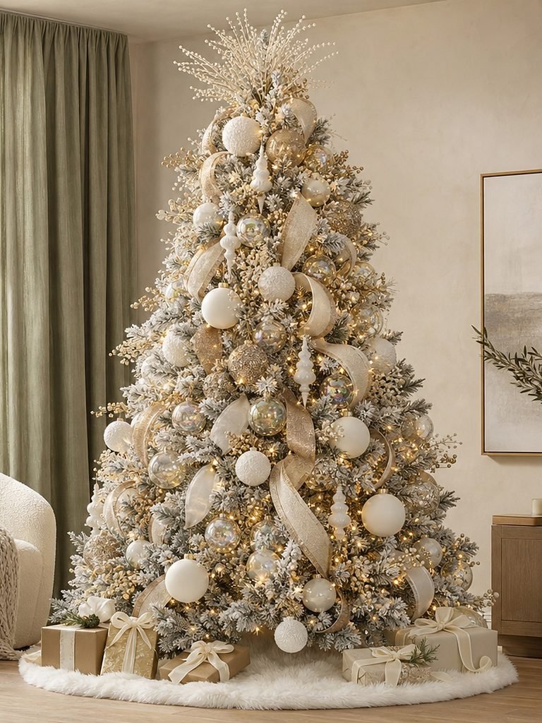 Flocked Christmas tree decorated with white and champagne gold ornaments, glitter spray topper, gold ribbon and wrapped gifts on a faux fur tree skirt